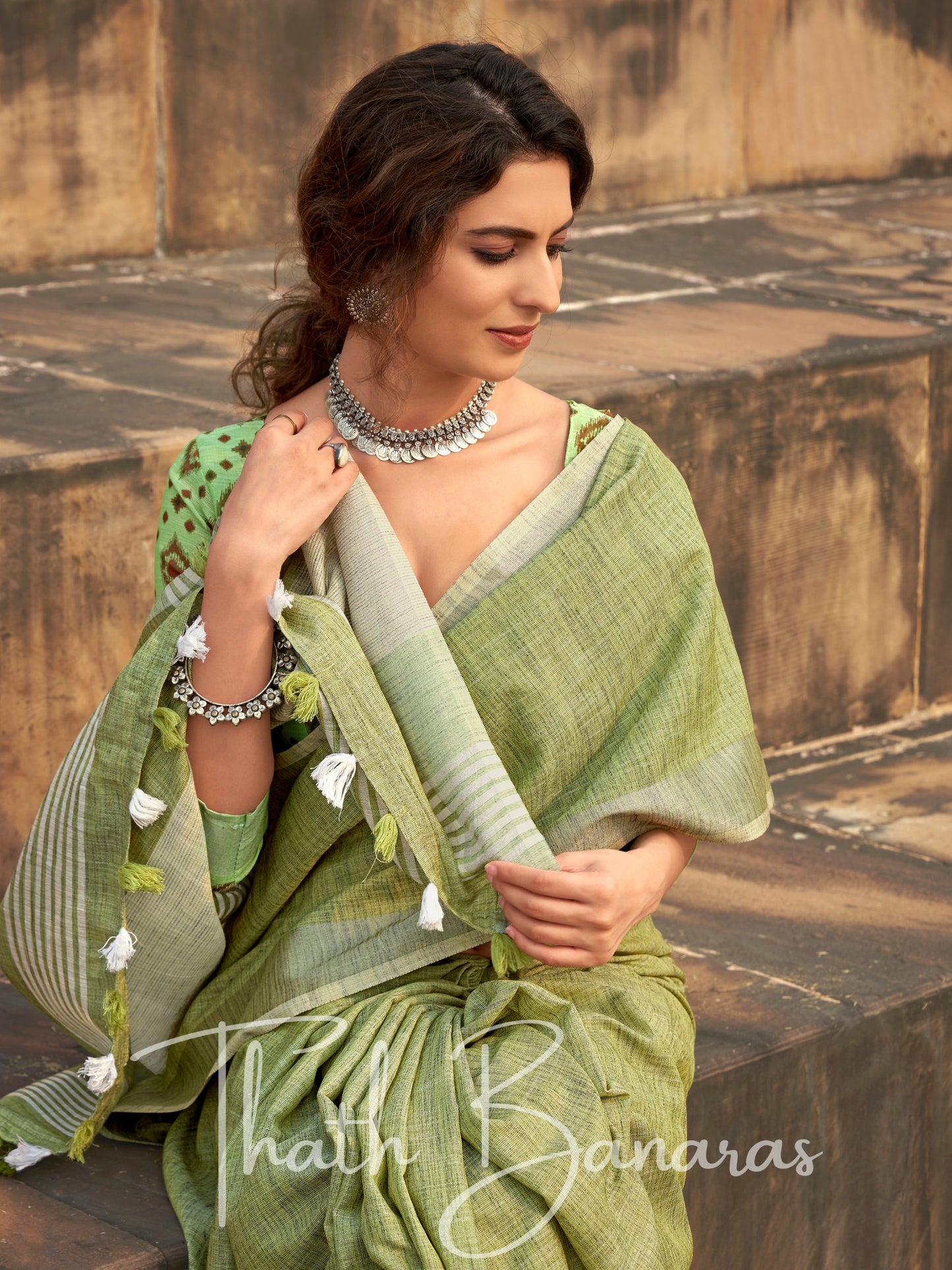 Pista green color soft linen Silk with khadi Print Saree