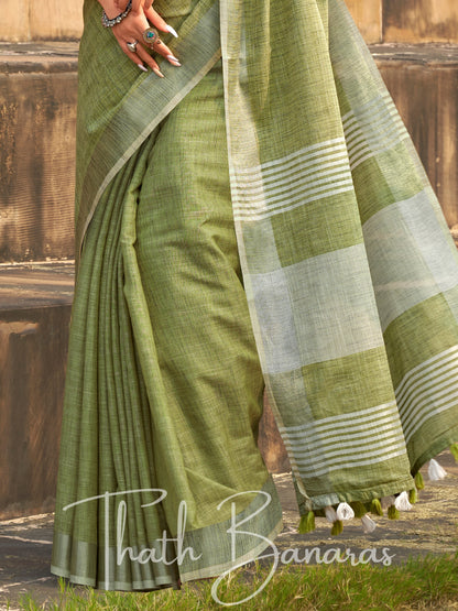 Pista green color soft linen Silk with khadi Print Saree