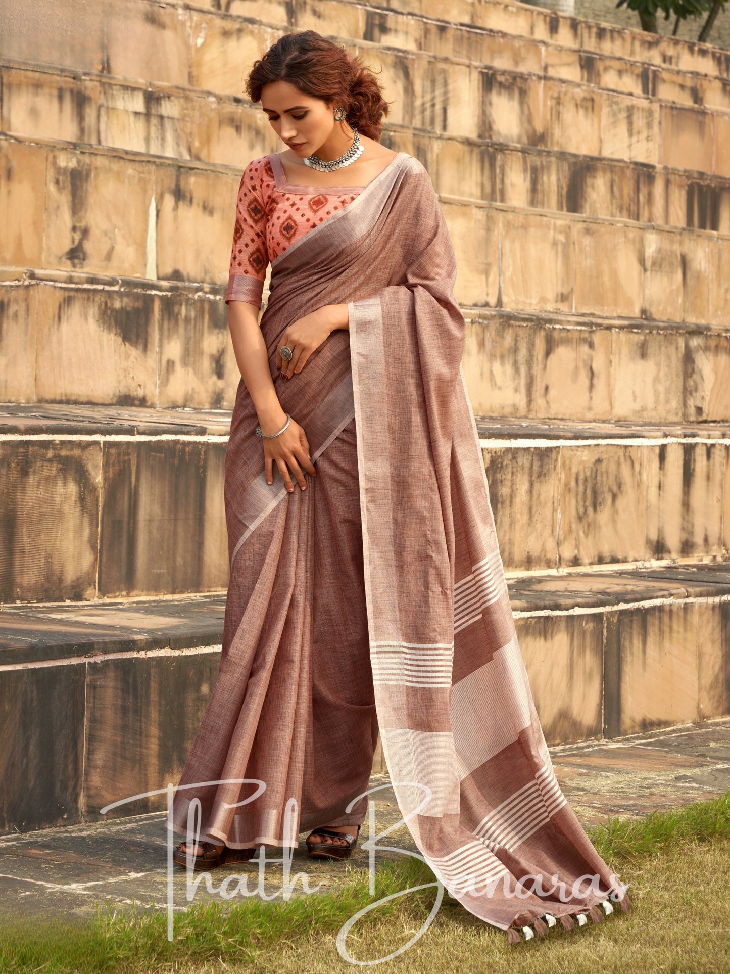 Brown color soft linen Silk with khadi Print Saree