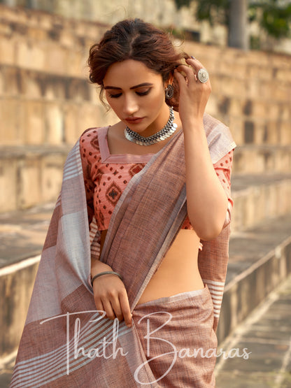 Brown color soft linen Silk with khadi Print Saree