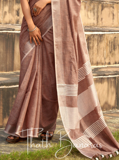 Brown color soft linen Silk with khadi Print Saree