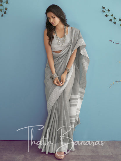 Glacious grey Soft Linen Silk with Chikhankhari Weaved Border