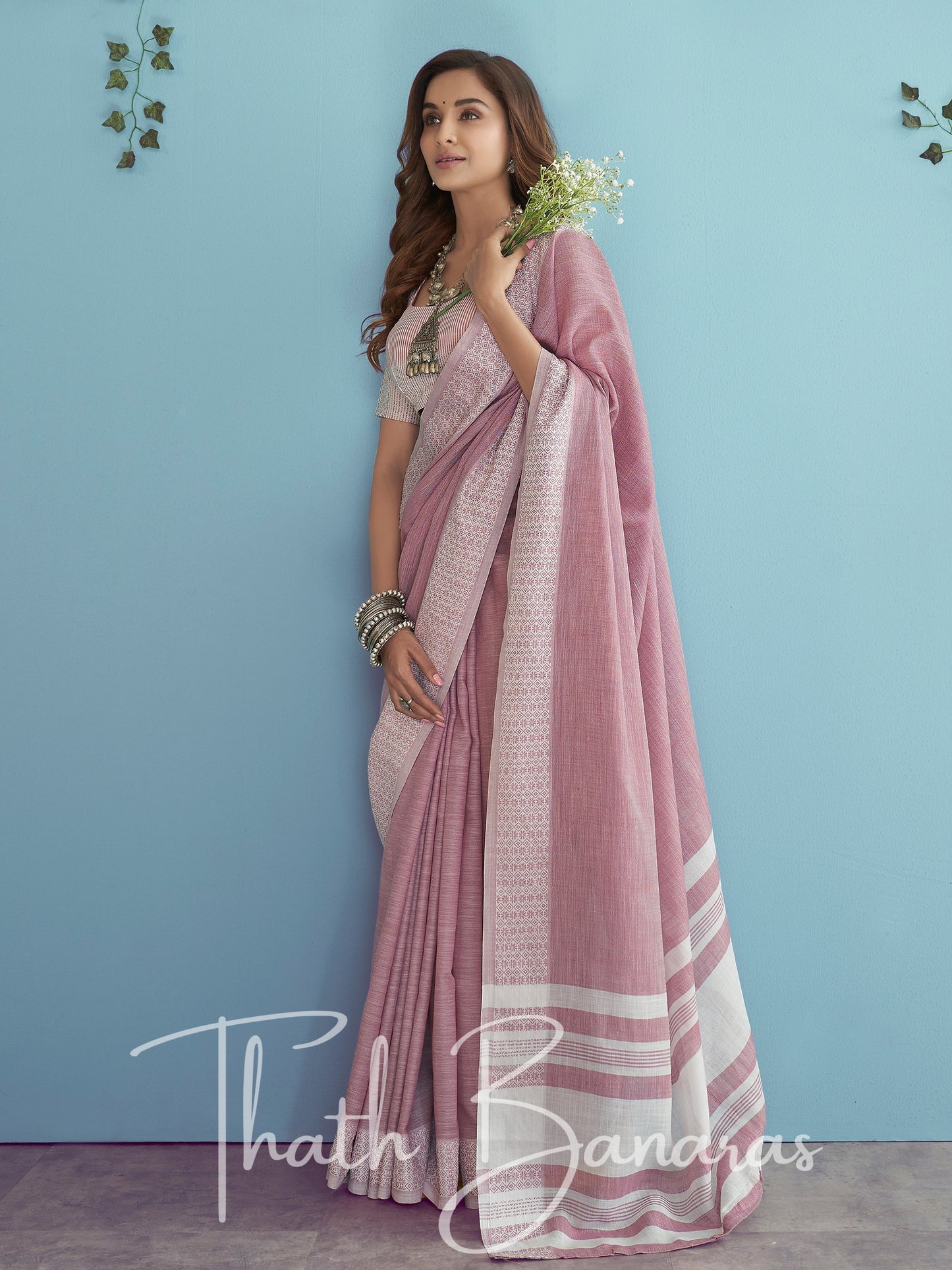 Fuscia pink Soft Linen Silk with Chikhankhari Weaved Border