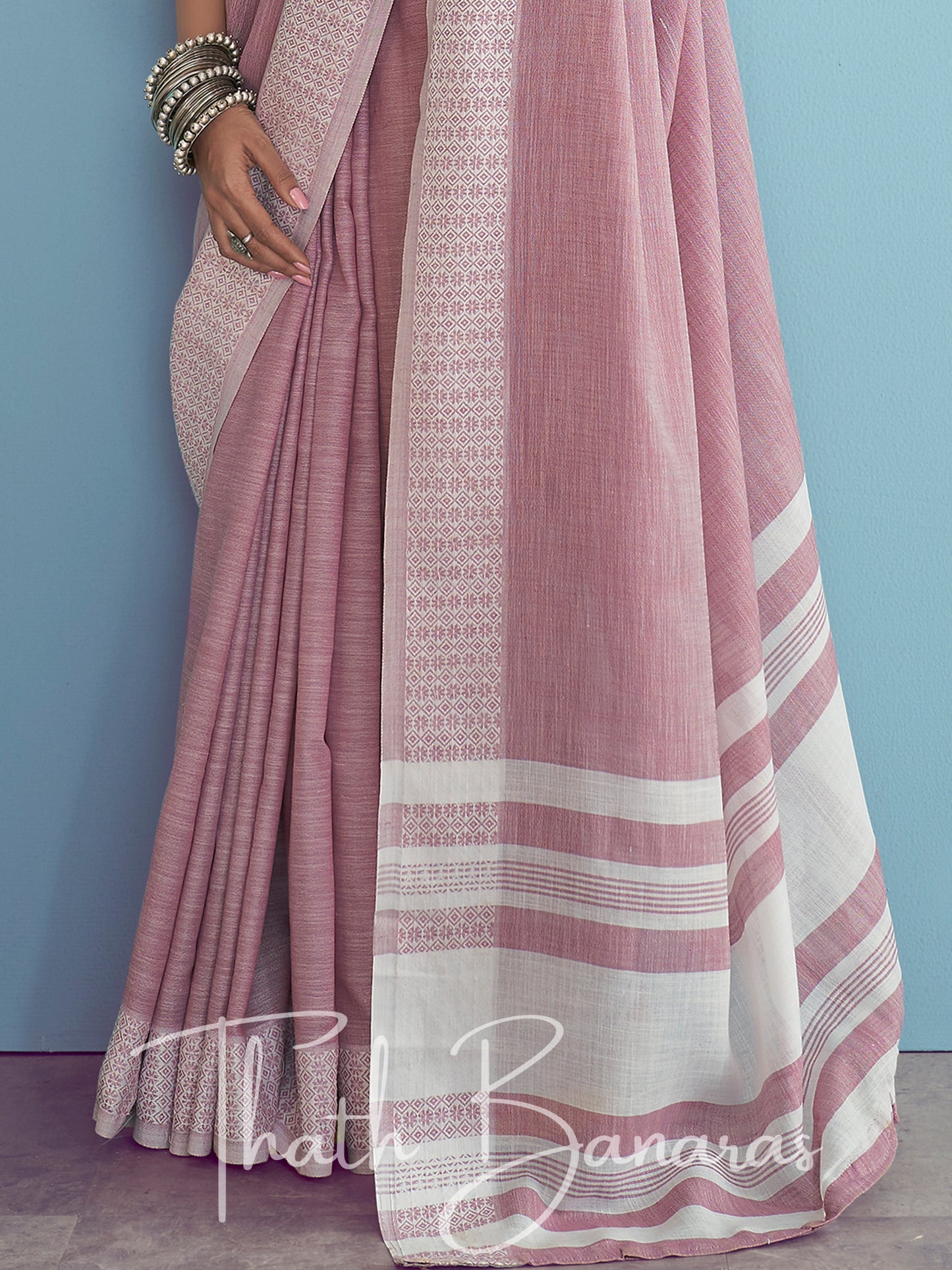 Fuscia pink Soft Linen Silk with Chikhankhari Weaved Border