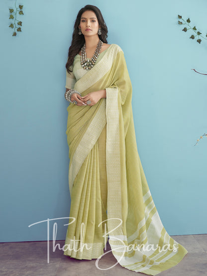 Olive green Soft Linen Silk with Chikhankhari Weaved Border