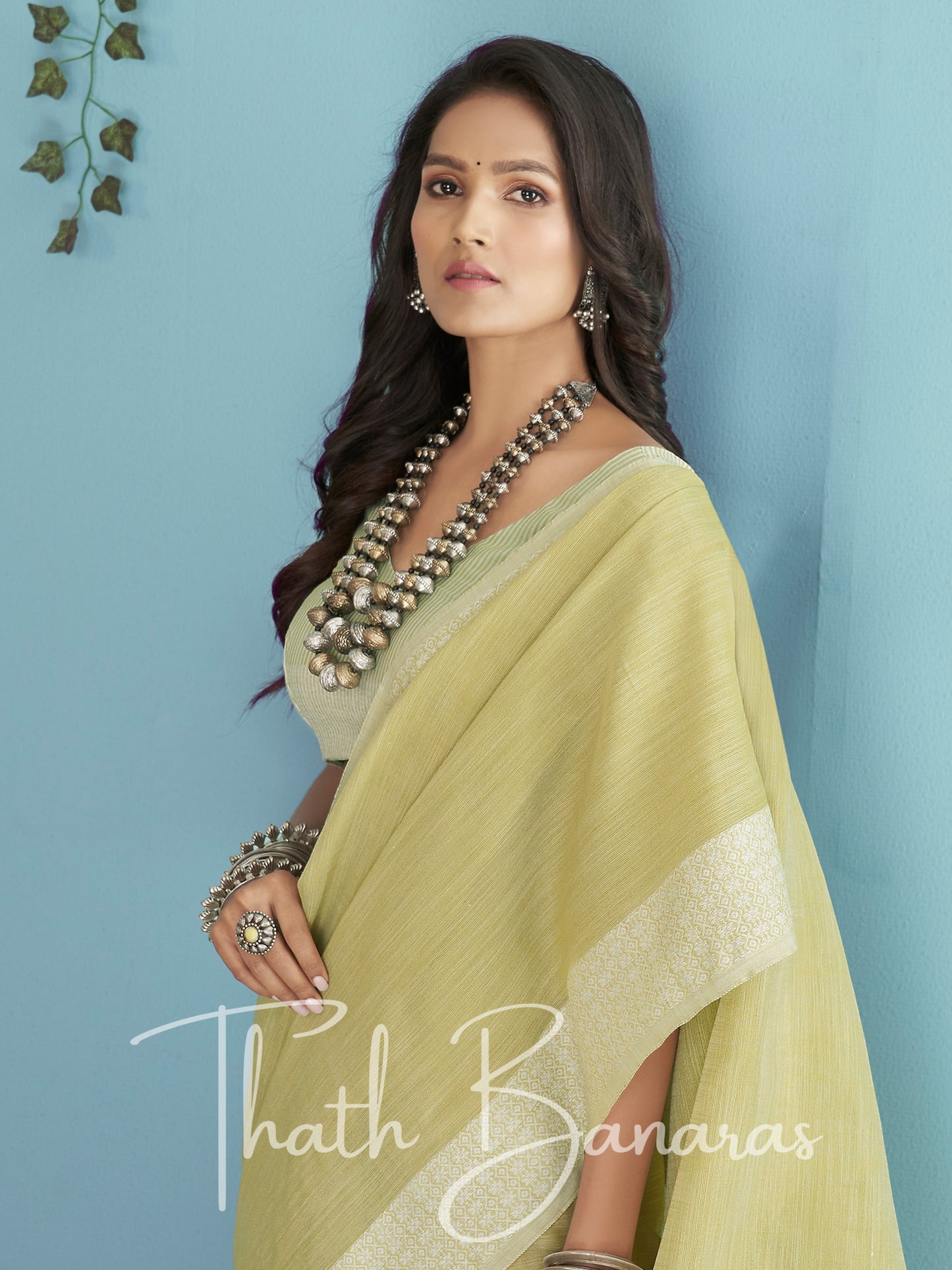 Olive green Soft Linen Silk with Chikhankhari Weaved Border