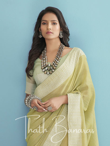 Olive green Soft Linen Silk with Chikhankhari Weaved Border