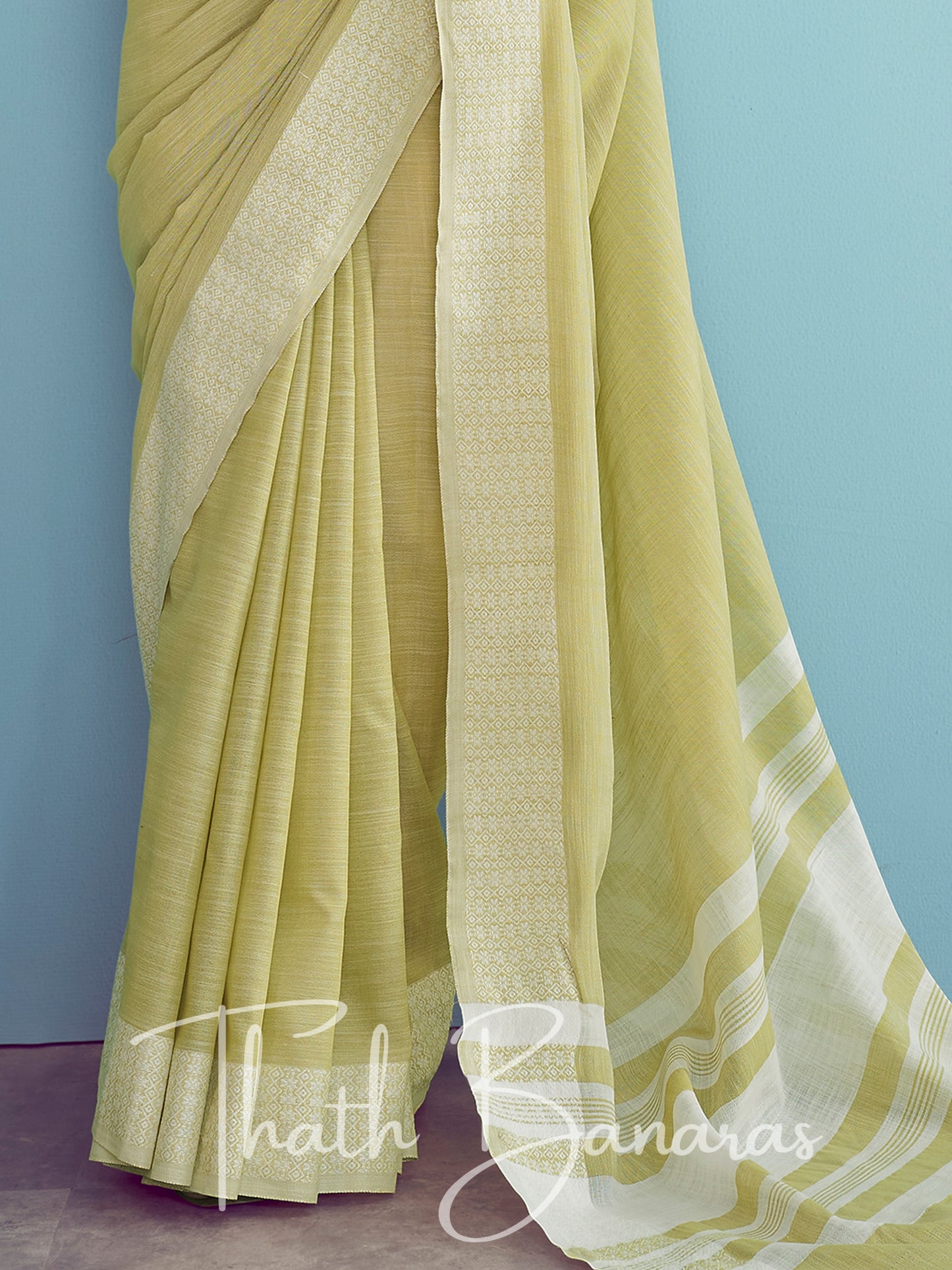 Olive green Soft Linen Silk with Chikhankhari Weaved Border