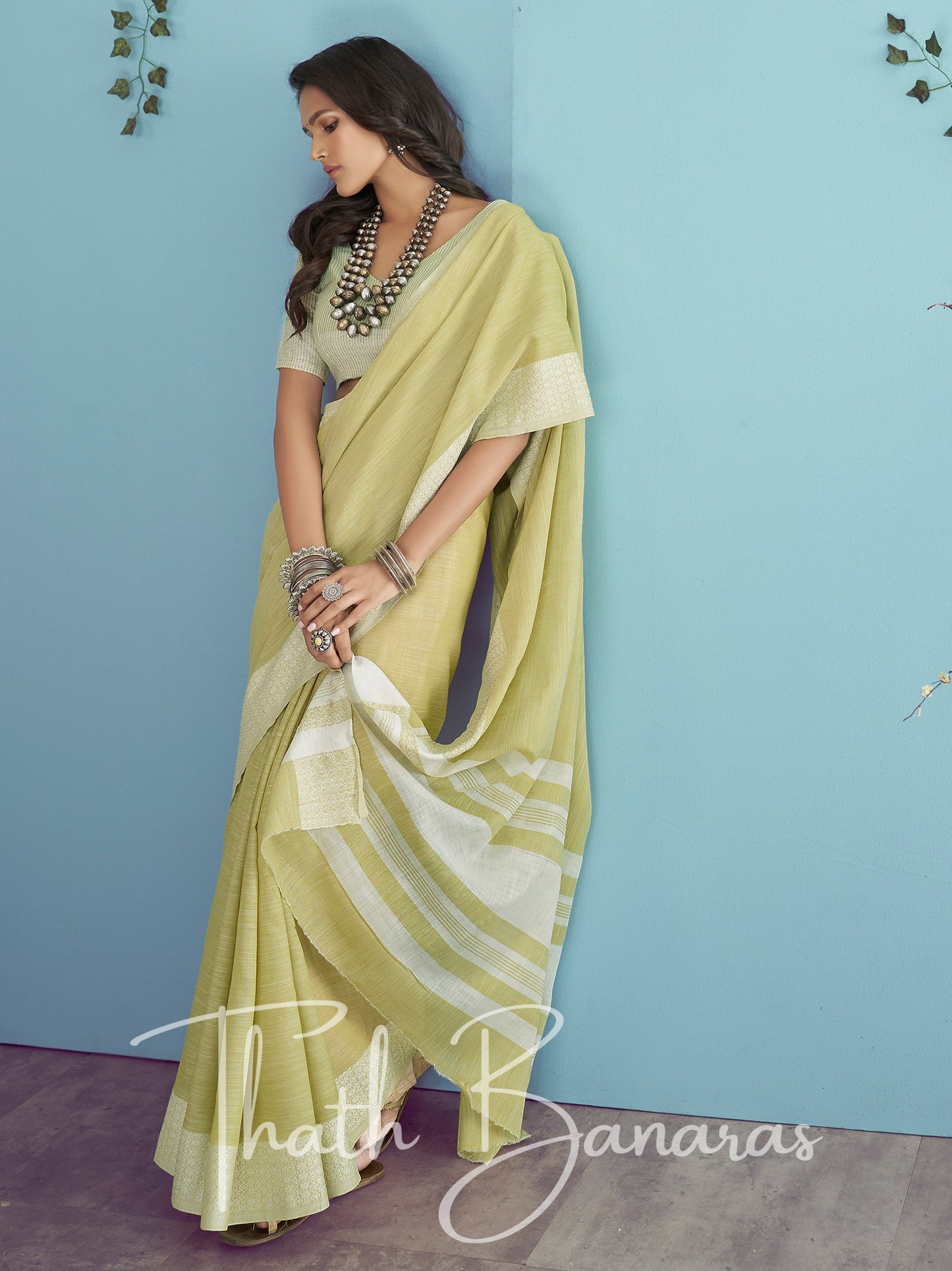 Olive green Soft Linen Silk with Chikhankhari Weaved Border