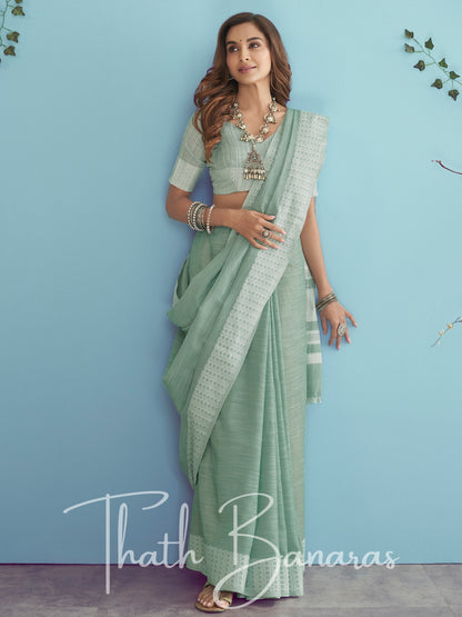 Sea green Soft Linen Silk with Chikhankhari Weaved Border