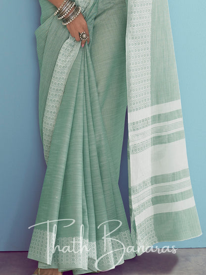 Sea green Soft Linen Silk with Chikhankhari Weaved Border