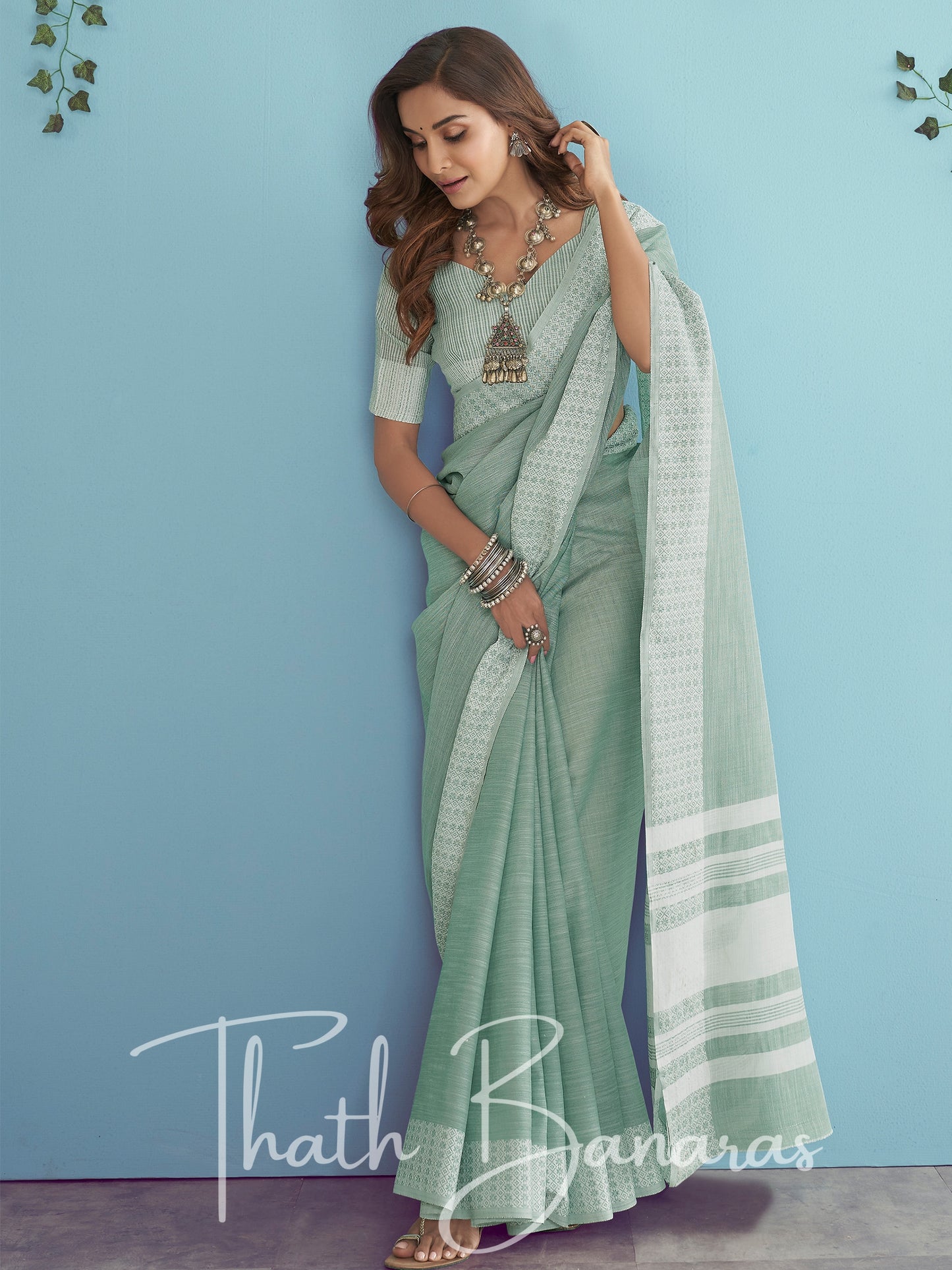 Sea green Soft Linen Silk with Chikhankhari Weaved Border