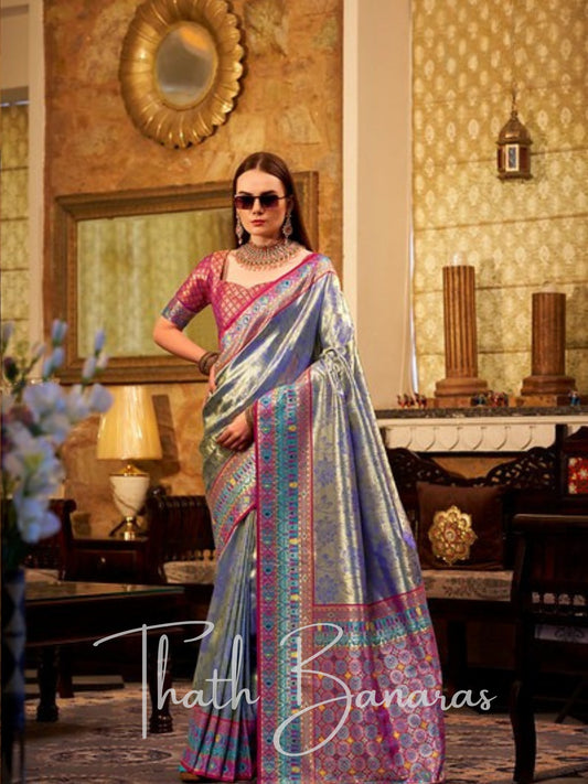 Elegant Woven Tissue Silk Saree with Intricate Zari Weave & Contrast Blouse