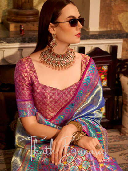 Elegant Woven Tissue Silk Saree with Intricate Zari Weave & Contrast Blouse