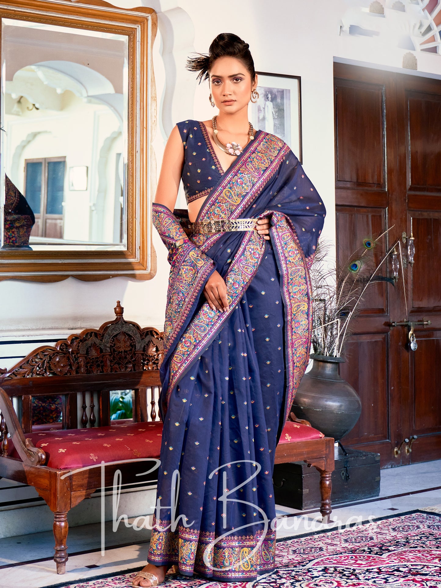 Navy Blue Classic Kashmiri Model Zari Weaving Silk Saree