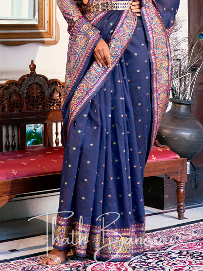 Navy Blue Classic Kashmiri Model Zari Weaving Silk Saree