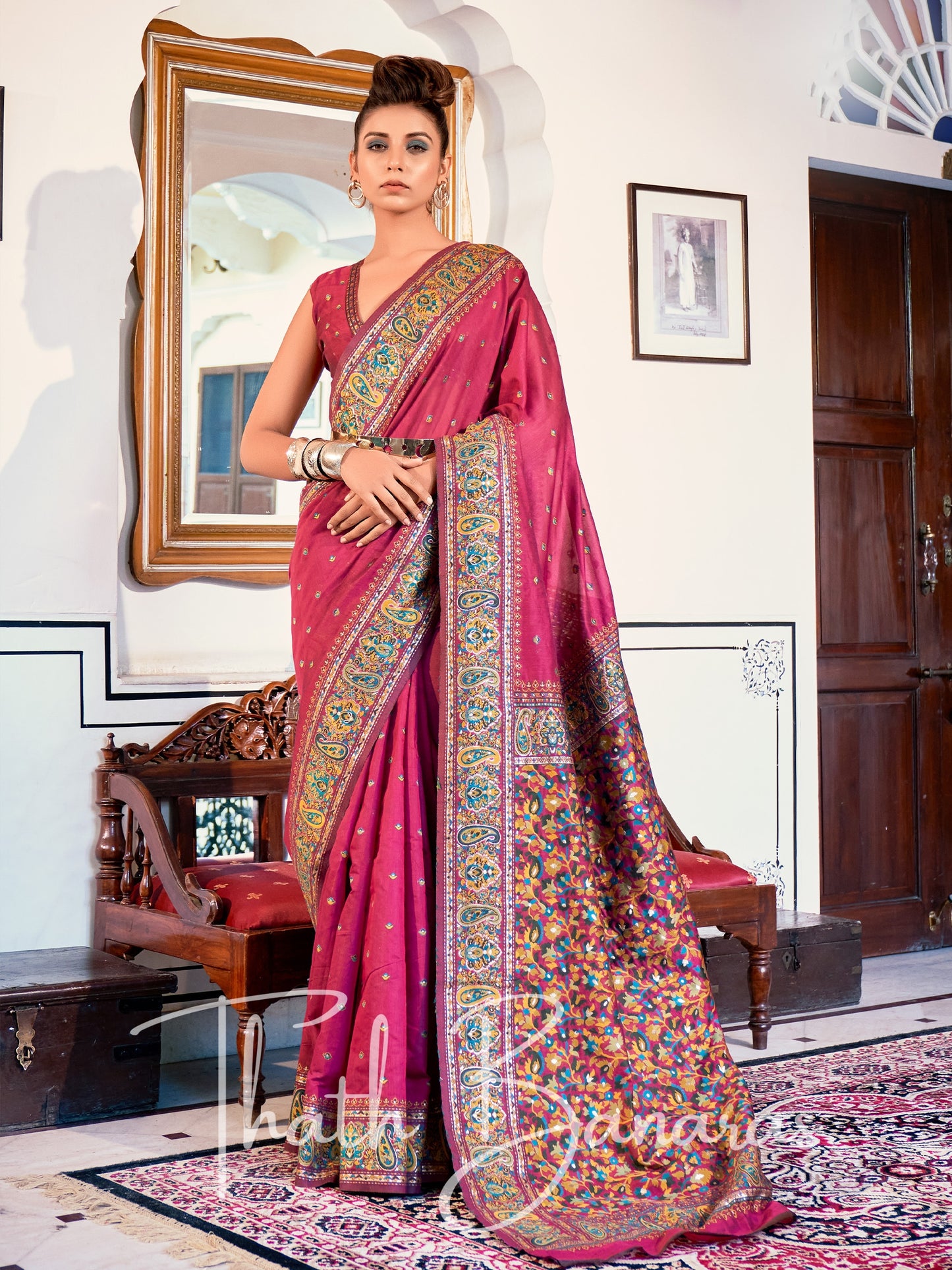 Elora Pink Classic Kashmiri Model Zari Weaving Silk Saree