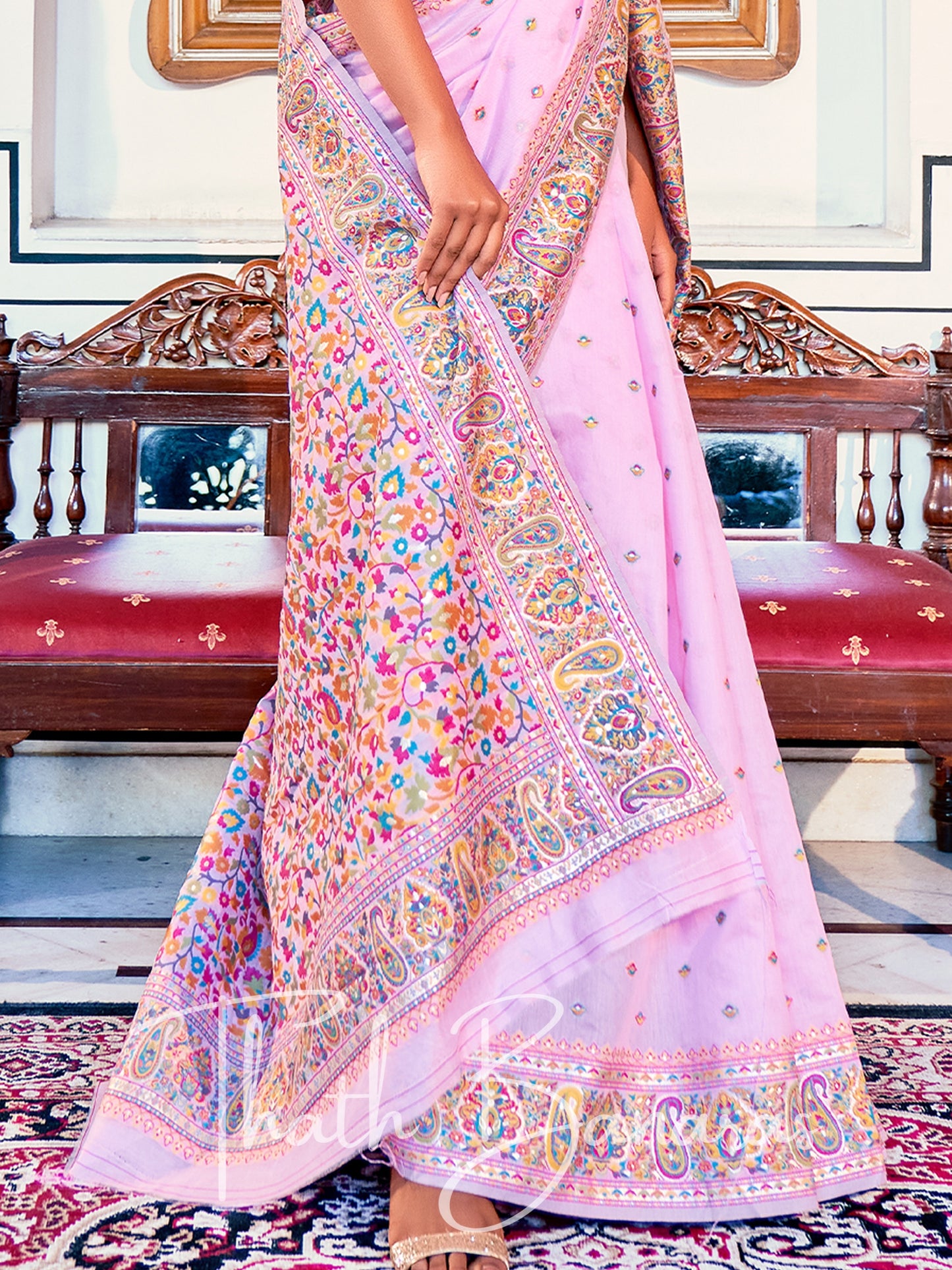 Baby Pink Classic Kashmiri Model Zari Weaving Silk Saree