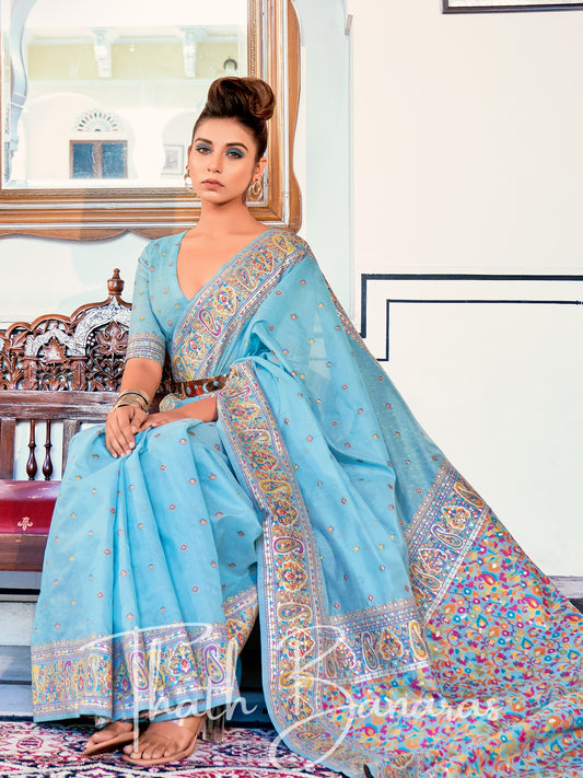 Sky Blue Classic Kashmiri Model Zari Weaving Silk Saree