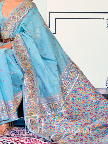 Sky Blue Classic Kashmiri Model Zari Weaving Silk Saree