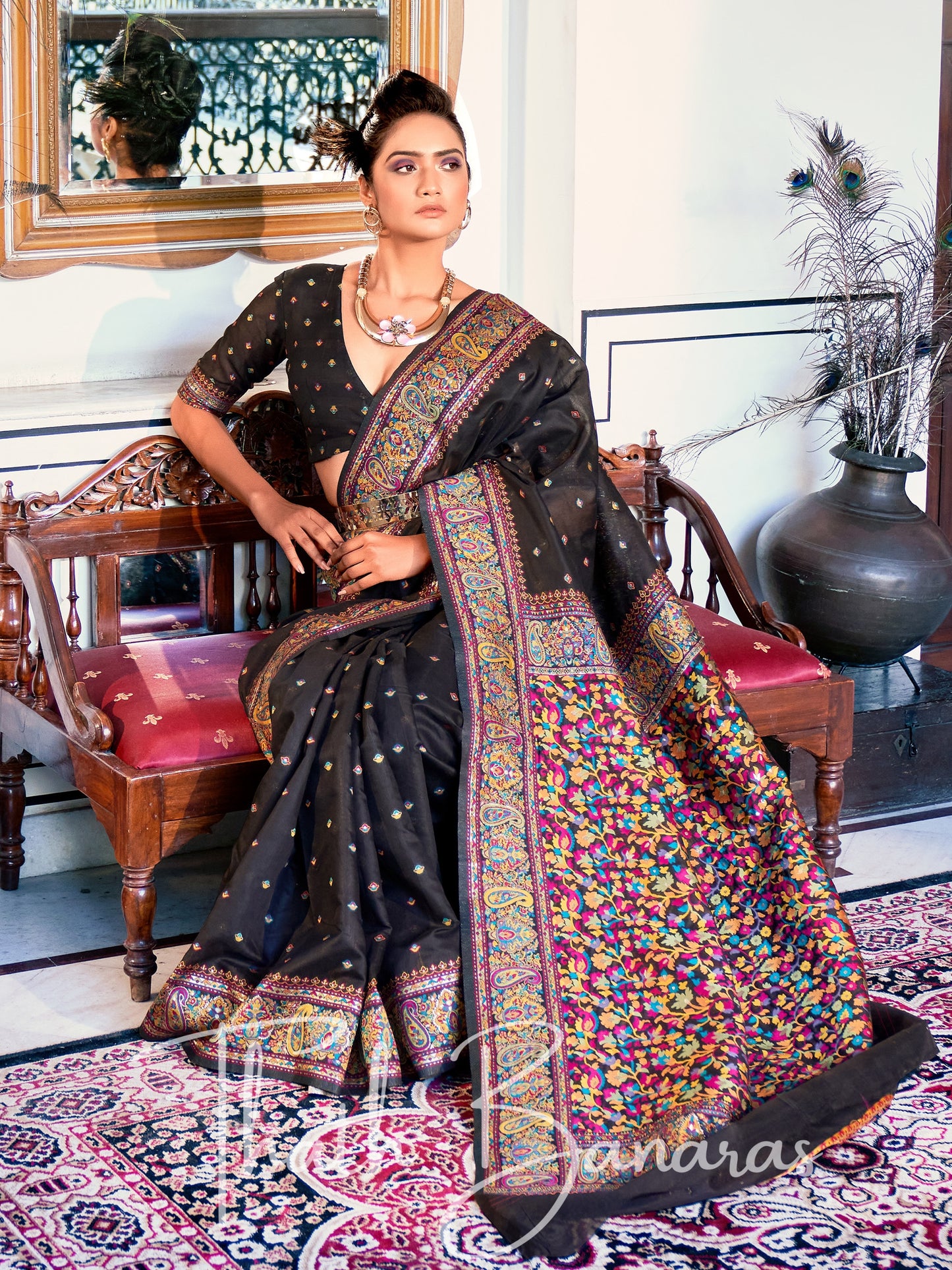 Jet Black Classic Kashmiri Model Zari Weaving Silk Saree