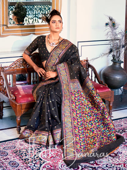 Jet Black Classic Kashmiri Model Zari Weaving Silk Saree