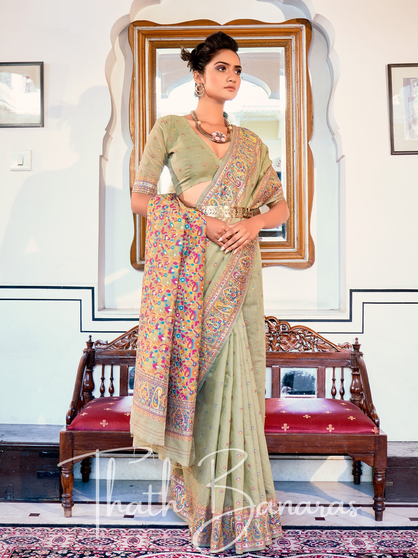 Sage Green Classic Kashmiri Model Zari Weaving Silk Saree