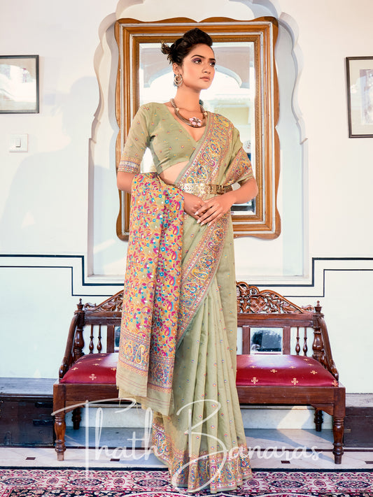 Sage Green Classic Kashmiri Model Zari Weaving Silk Saree