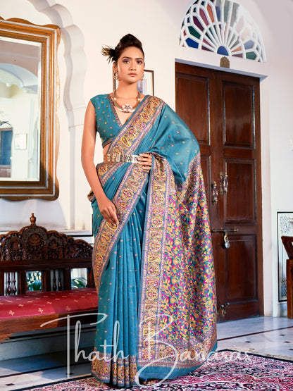 Teal Blue Classic Kashmiri Model Zari Weaving Silk Saree