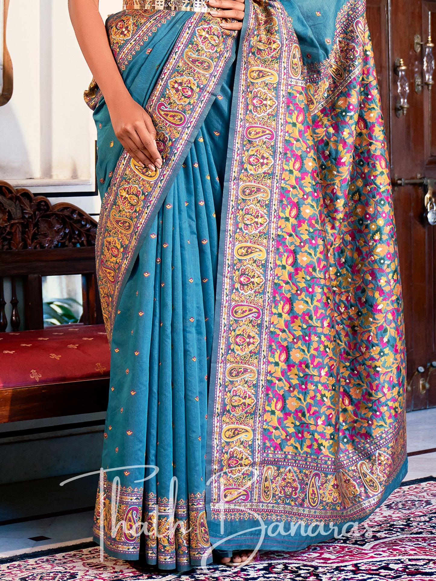 Teal Blue Classic Kashmiri Model Zari Weaving Silk Saree