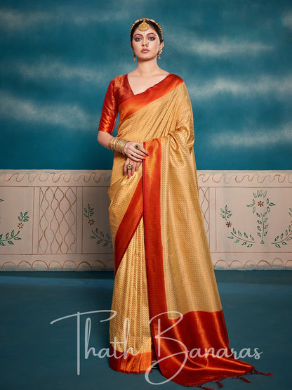 Tacao Gold Yellow Soft Kanjivaram Silk Saree With Chaap Dying