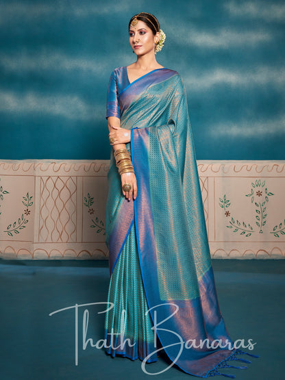 Ming Blue Soft Kanjivaram Silk Saree With Chaap Dying