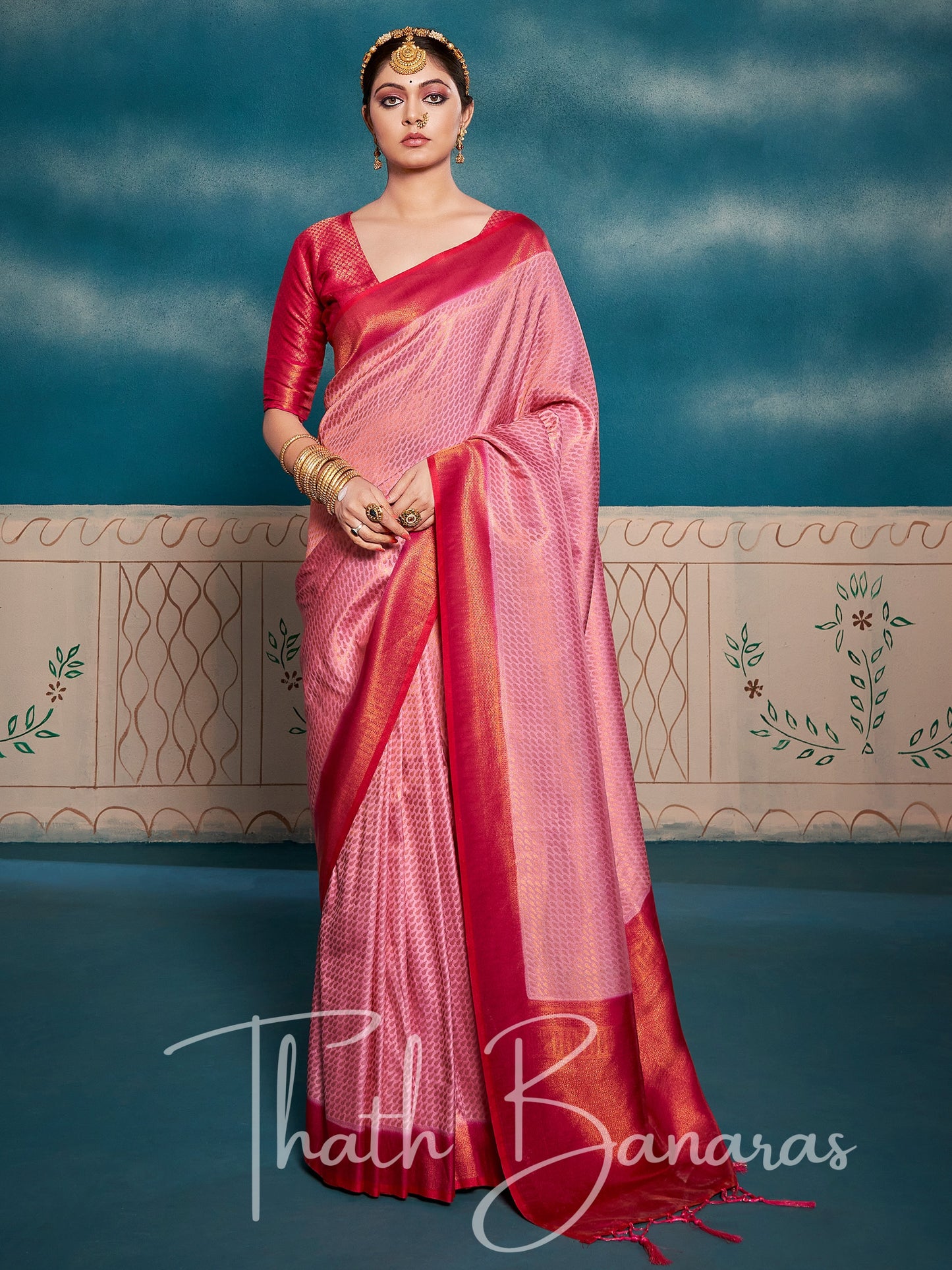 Carnation Pink Soft Kanjivaram Silk Saree With Chaap Dying