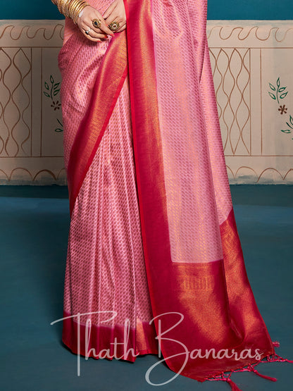 Carnation Pink Soft Kanjivaram Silk Saree With Chaap Dying