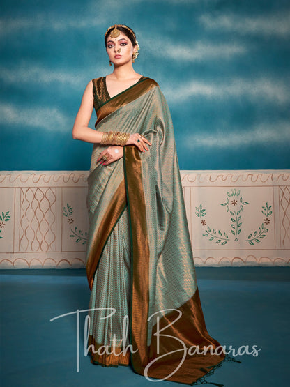 Bitter Green Soft Kanjivaram Silk Saree With Chaap Dying