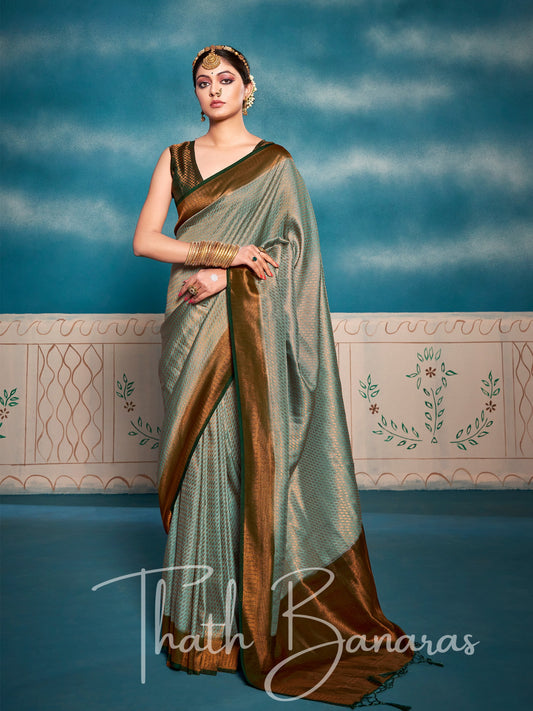 Bitter Green Soft Kanjivaram Silk Saree With Chaap Dying