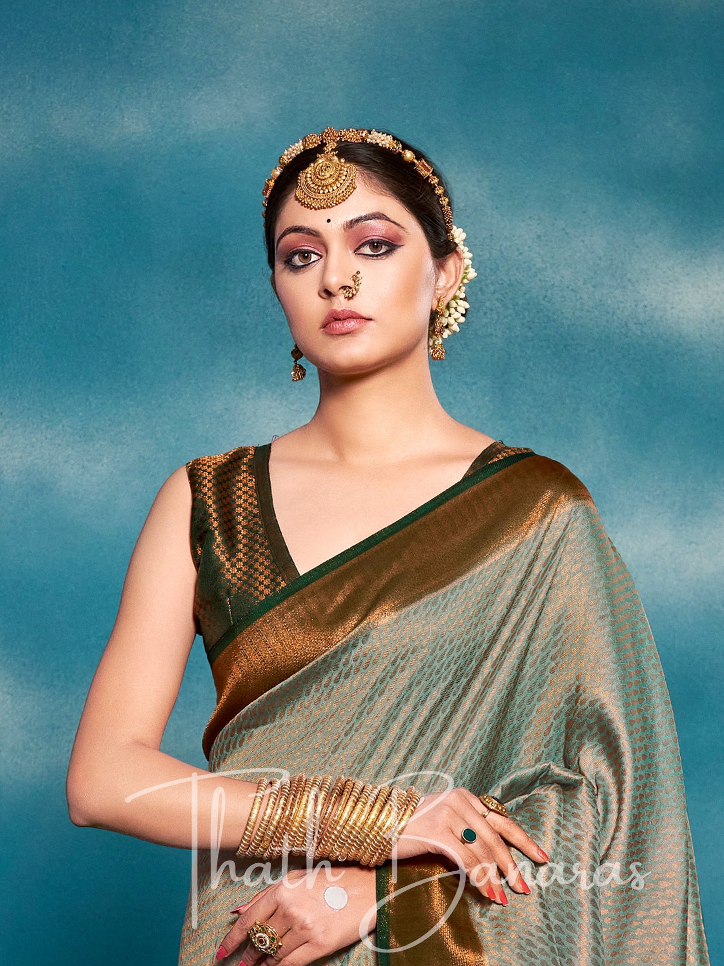 Bitter Green Soft Kanjivaram Silk Saree With Chaap Dying