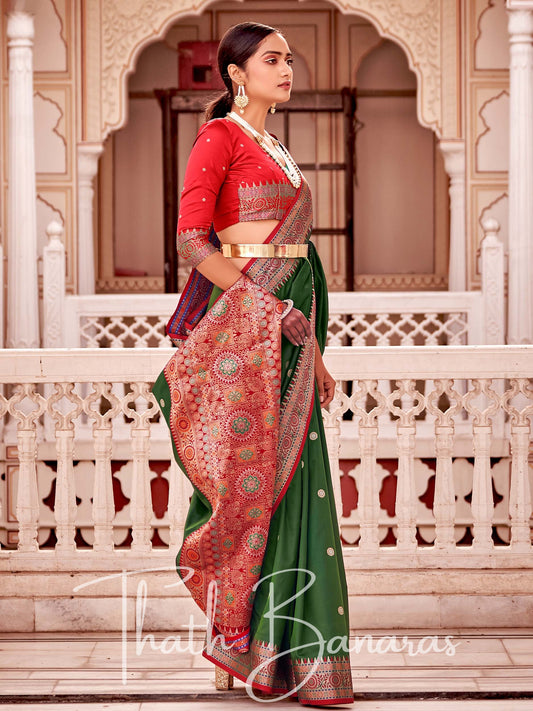 Green Soft Banarasi silk with Rich Designer Pallu & Contrast Blouse