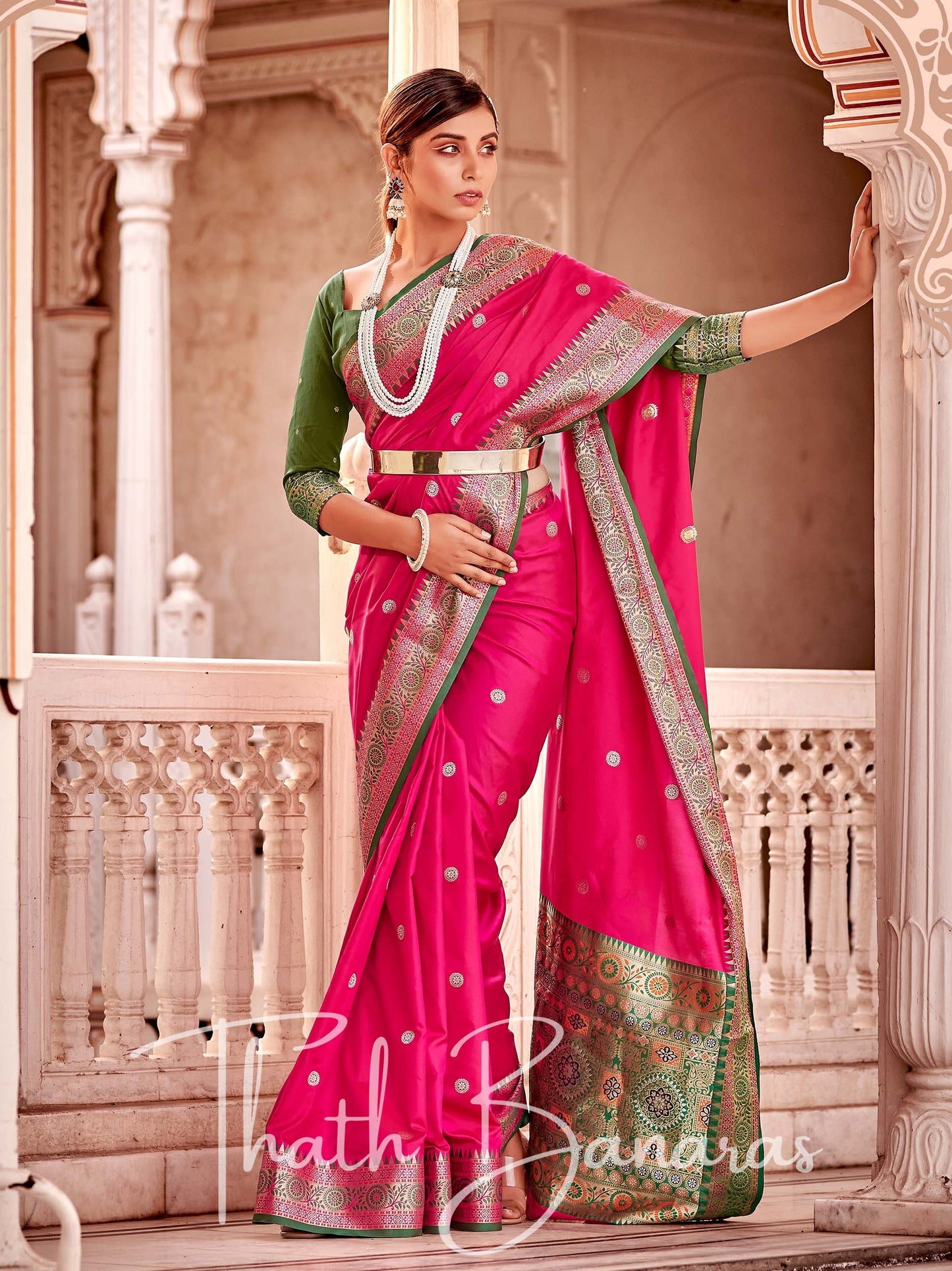 Rani Pink Soft Banarasi silk with Rich Designer Pallu & Contrast Blouse