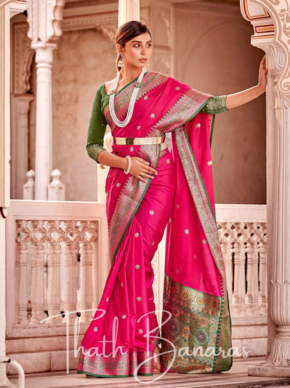 Rani Pink Soft Banarasi silk with Rich Designer Pallu & Contrast Blouse