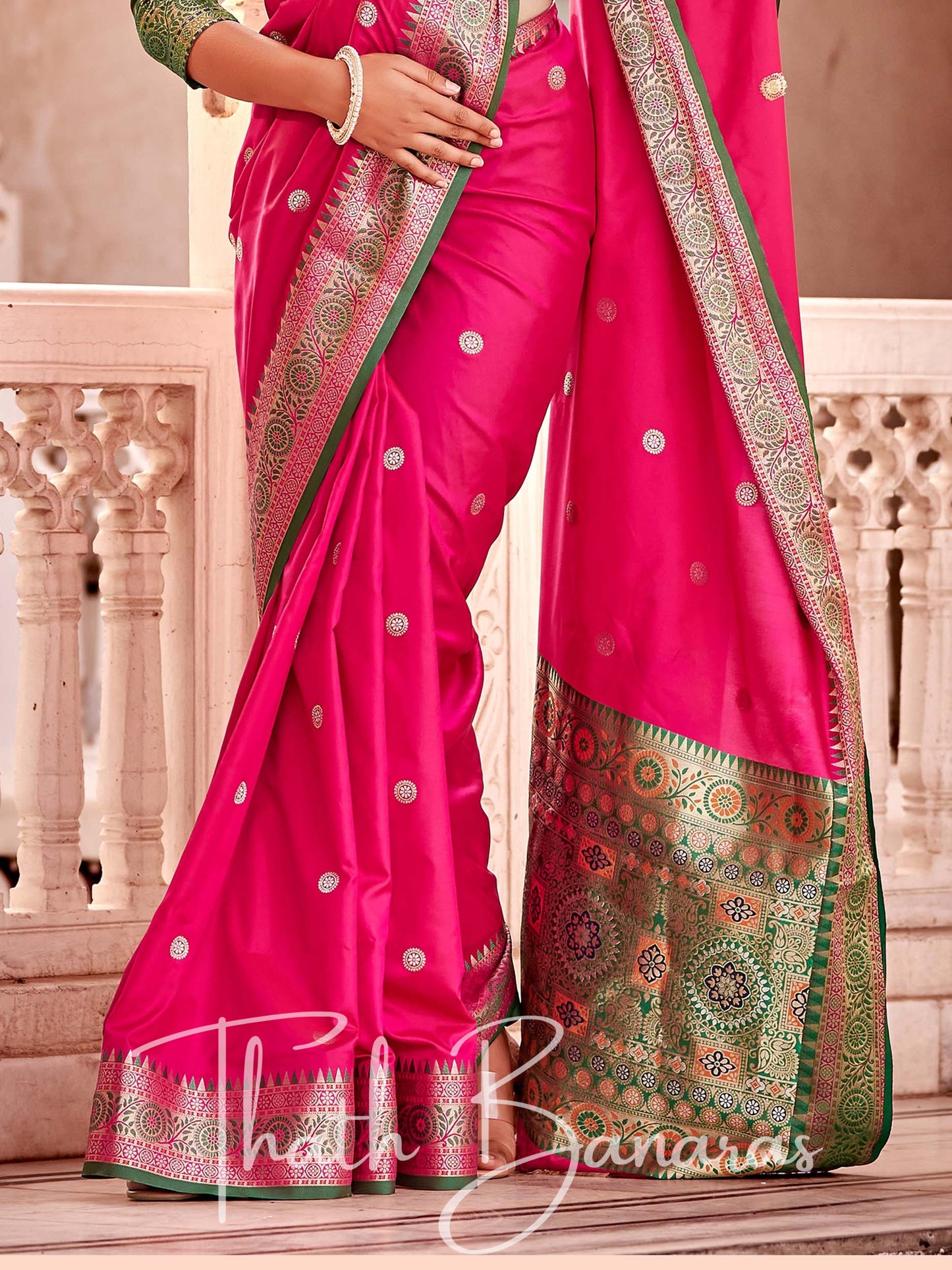 Rani Pink Soft Banarasi silk with Rich Designer Pallu & Contrast Blouse