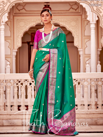 Persian Green Soft Banarasi silk with Rich Designer Pallu & Contrast Blouse