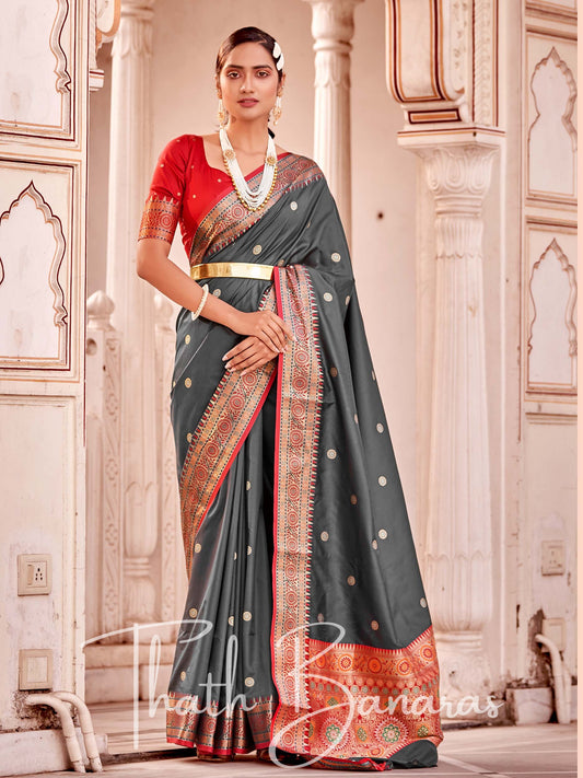 Gray Soft Banarasi silk with Rich Designer Pallu & Contrast Blouse