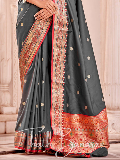 Gray Soft Banarasi silk with Rich Designer Pallu & Contrast Blouse