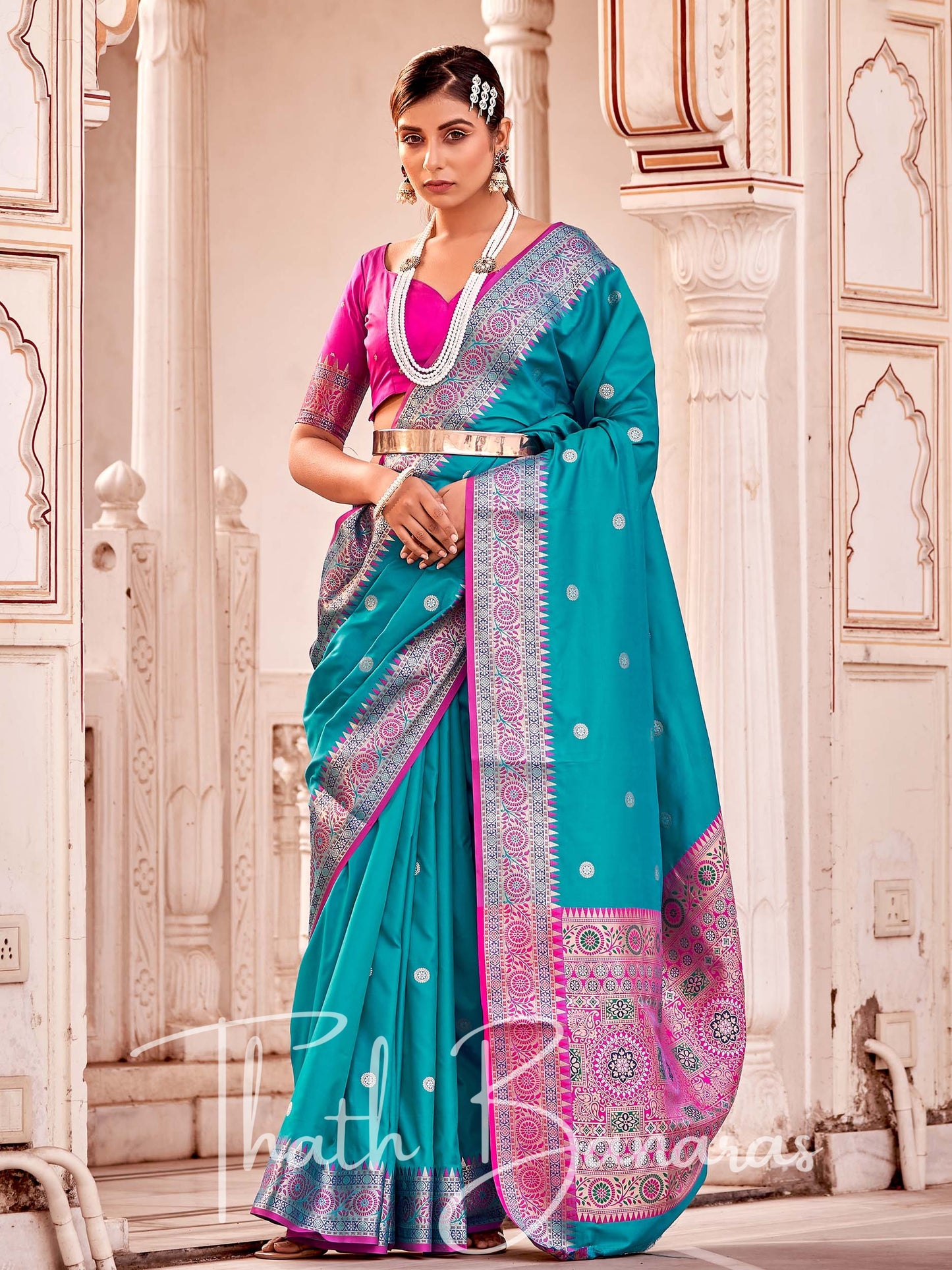 Sky Blue Soft Banarasi silk with Rich Designer Pallu & Contrast Blouse