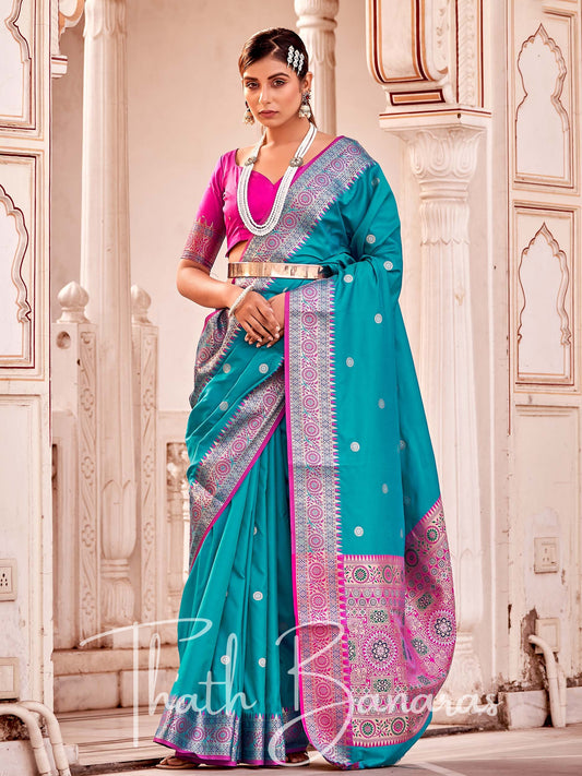 Sky Blue Soft Banarasi silk with Rich Designer Pallu & Contrast Blouse