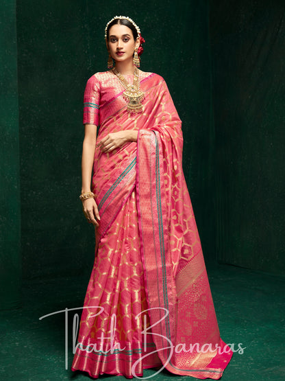 Coral Pink Designer Traditional Cotton Silk Broad Border Saree