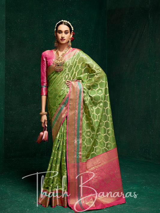 Green And Pink Designer Traditional Cotton Silk Broad Border Saree