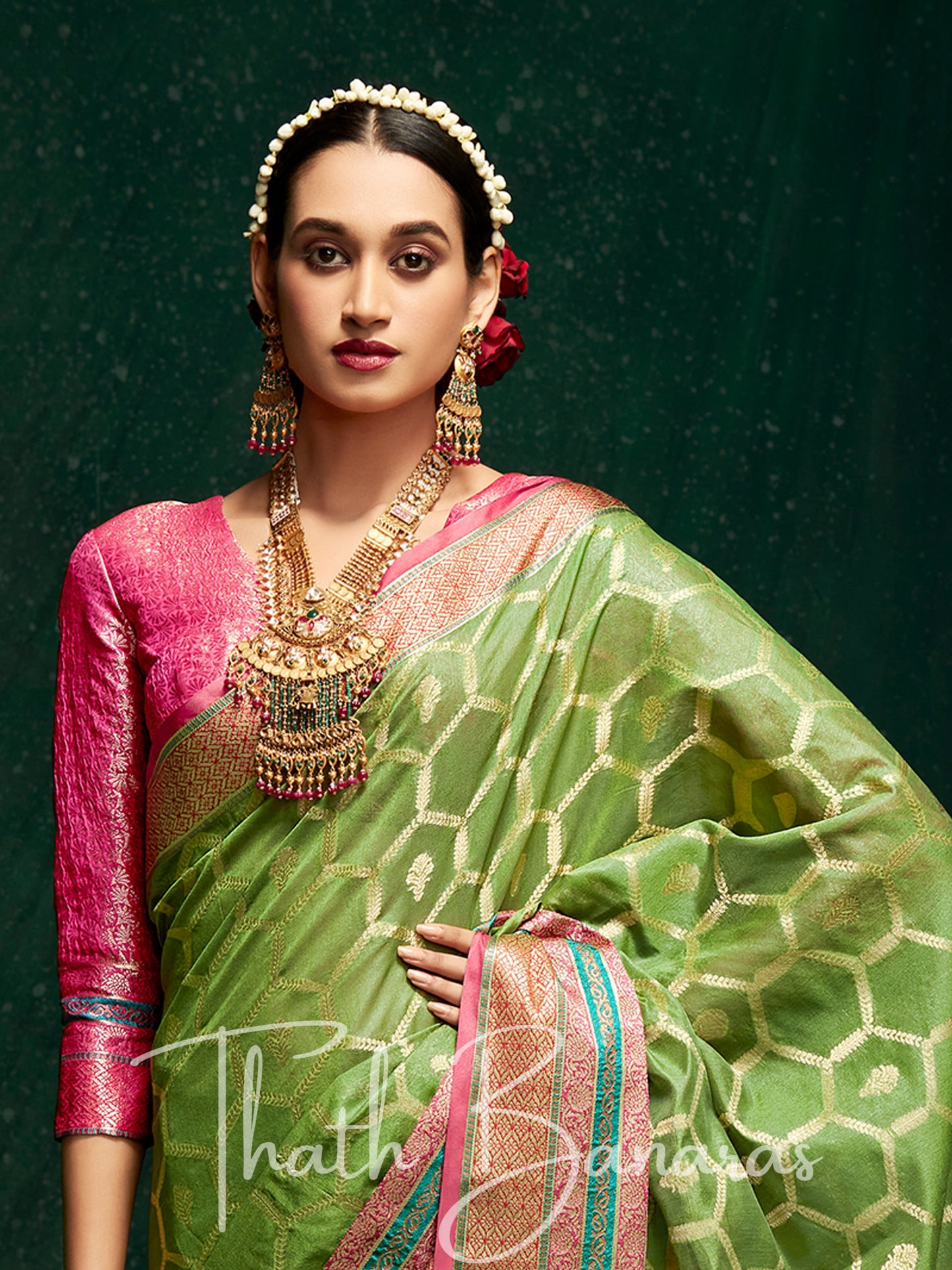 Green And Pink Designer Traditional Cotton Silk Broad Border Saree