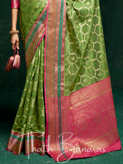 Green And Pink Designer Traditional Cotton Silk Broad Border Saree